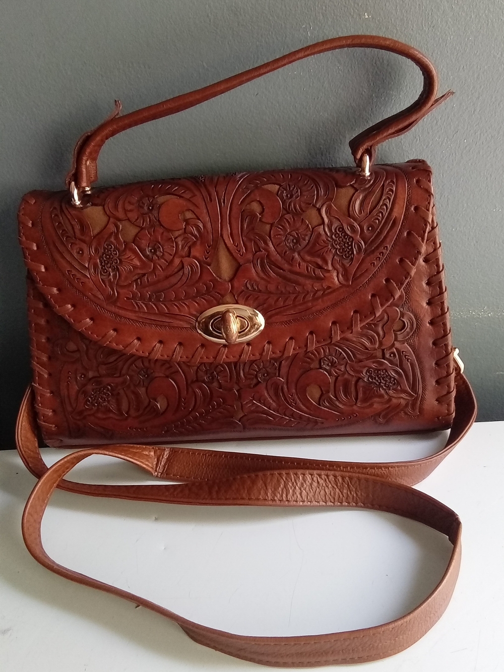 Vintage Hand Tooled Leather Floral Crossbody Bag Cognac Brown Whipstitch Detail - Picture 5 of 7